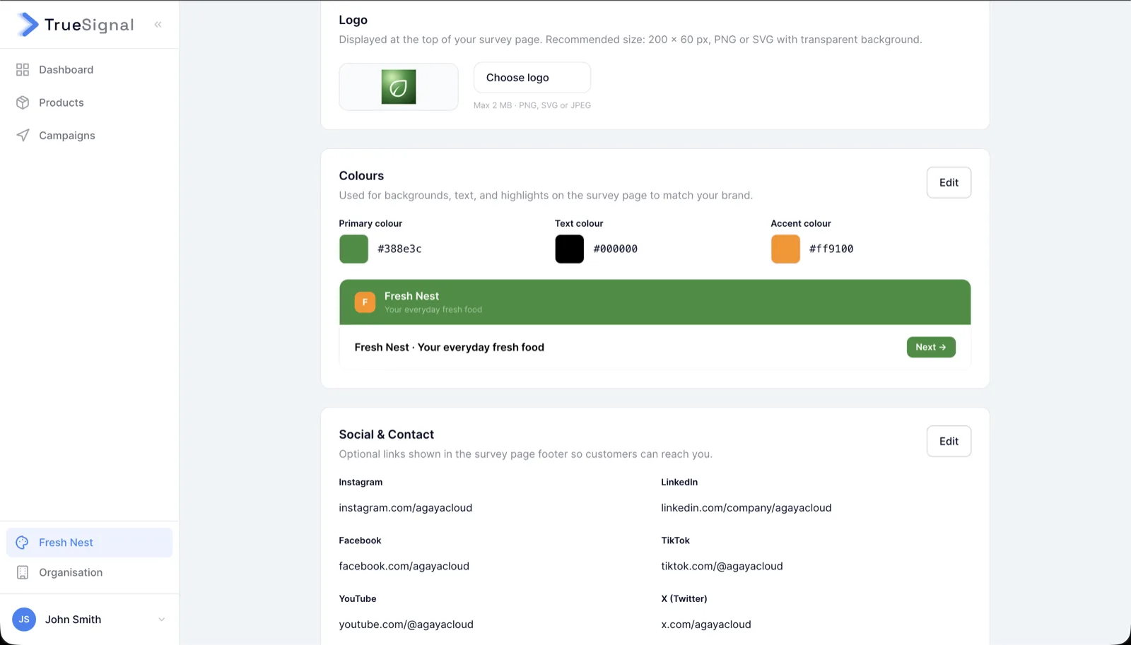 TrueSignal brand configuration screen for logo, colors, and social links, with a live preview of the branded survey header