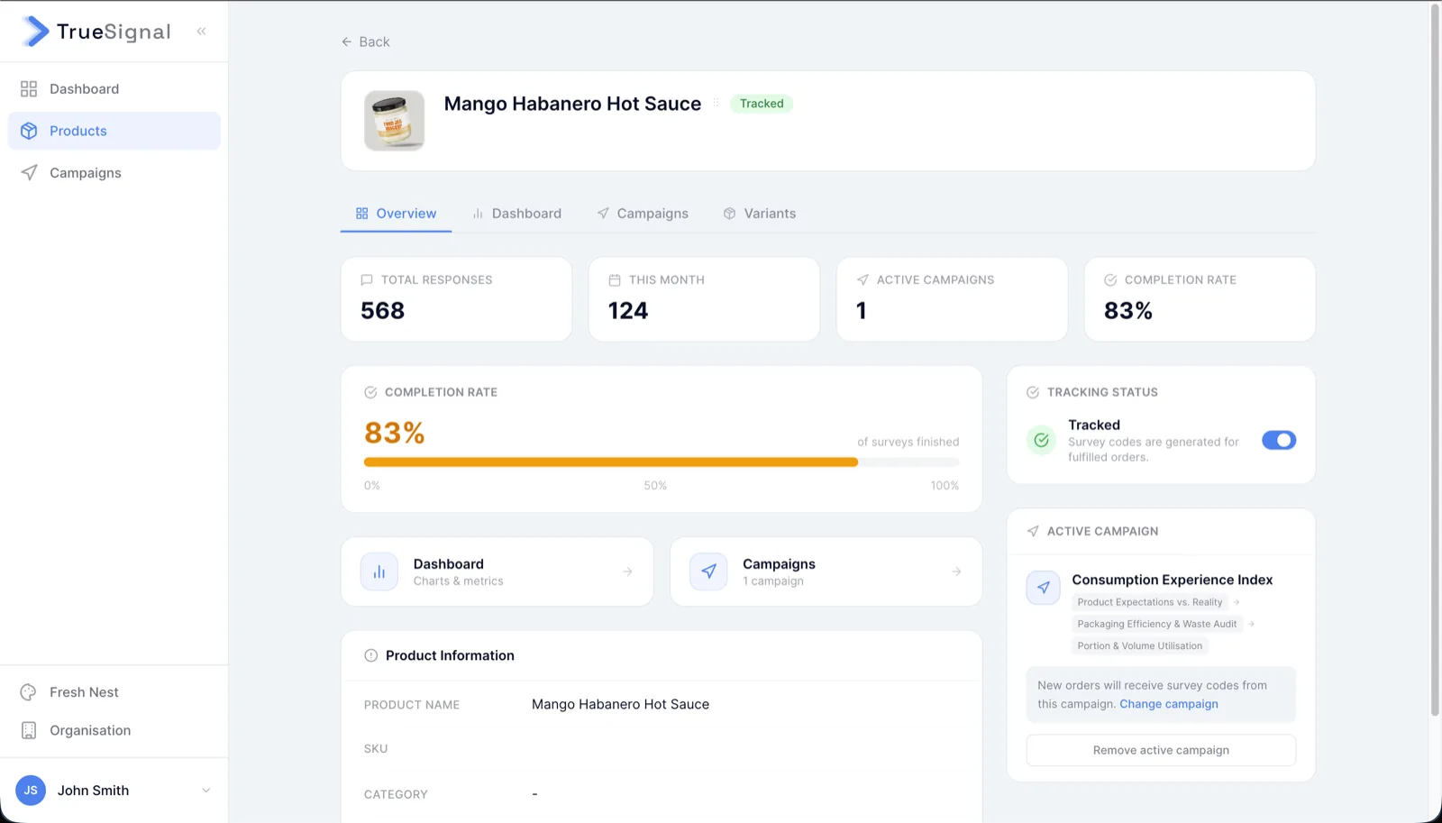 TrueSignal per-product dashboard showing response totals, completion rate, and active survey campaign for a tracked SKU