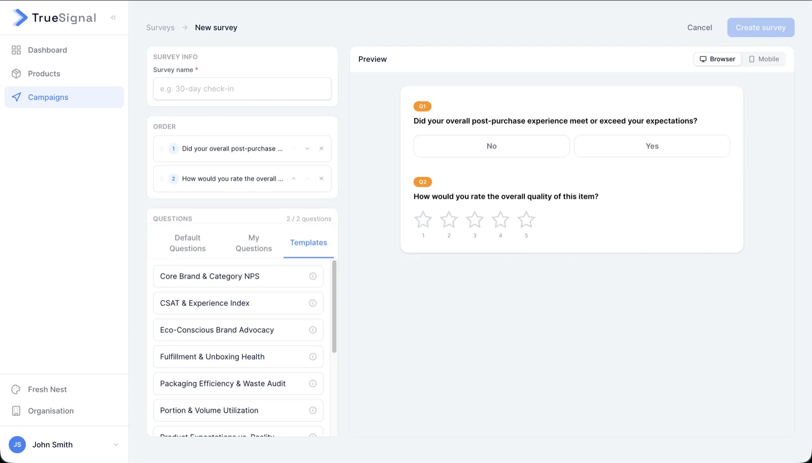 TrueSignal survey builder showing question templates, ordering, and a live desktop preview